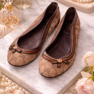 Gucci Brown Ballet Flats with Signature Web Stripe Size 40.5 Festive Holiday